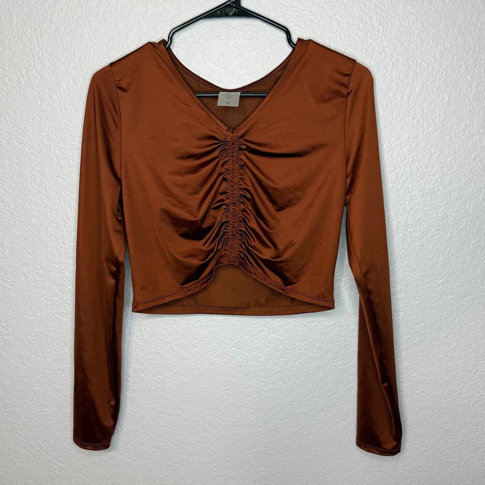 NWT CALIA Women’s M Ruched Rashguard Crop Swim Top UPF 50+ Brown Long Sleeve